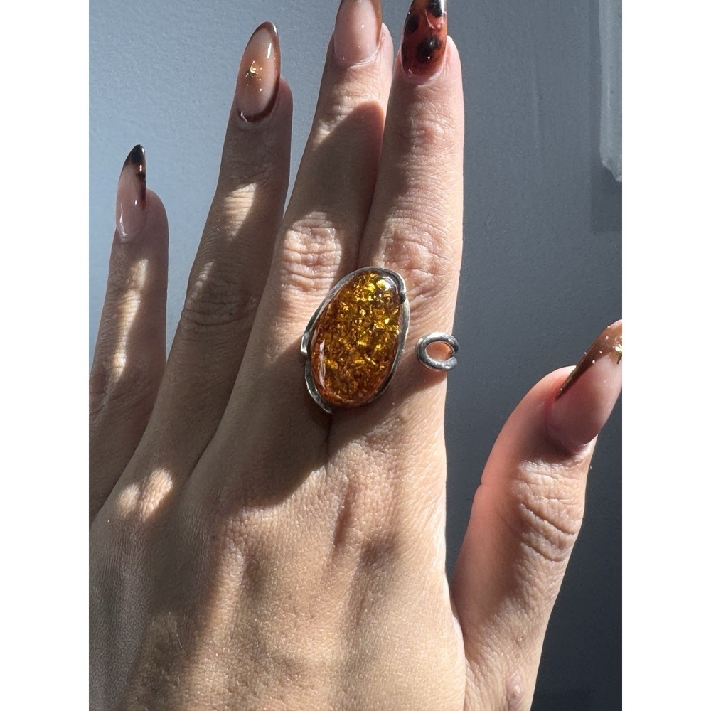 Vintage 925 Sterling Silver & Baltic Amber Ring Sz 8 ADJUSTABLE - Picture 7 of 12
